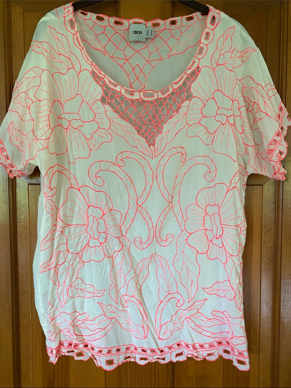 ASOS White Tunic with Neon Coral Floral Embroidery size 6